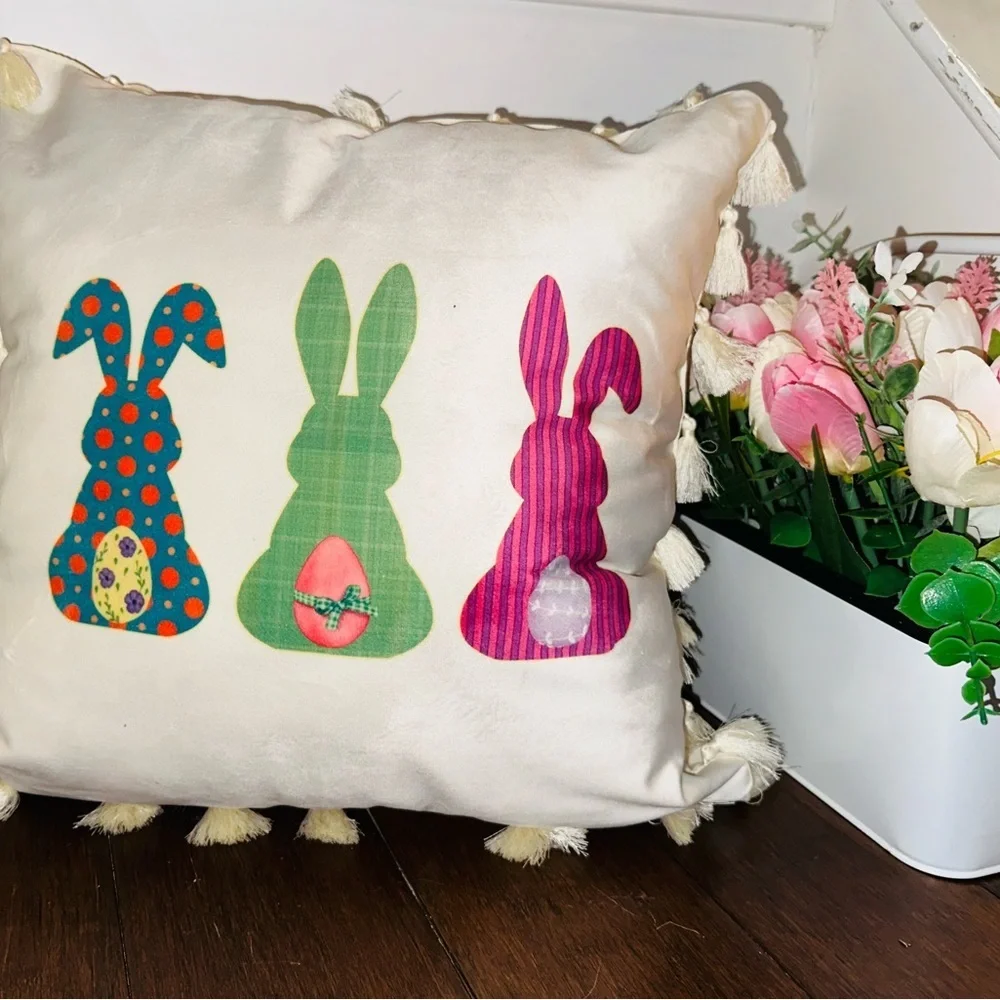 Easter Pillows Covers(only)from ThePillowPaddock 18x18 Pom Pom & fringed velour.